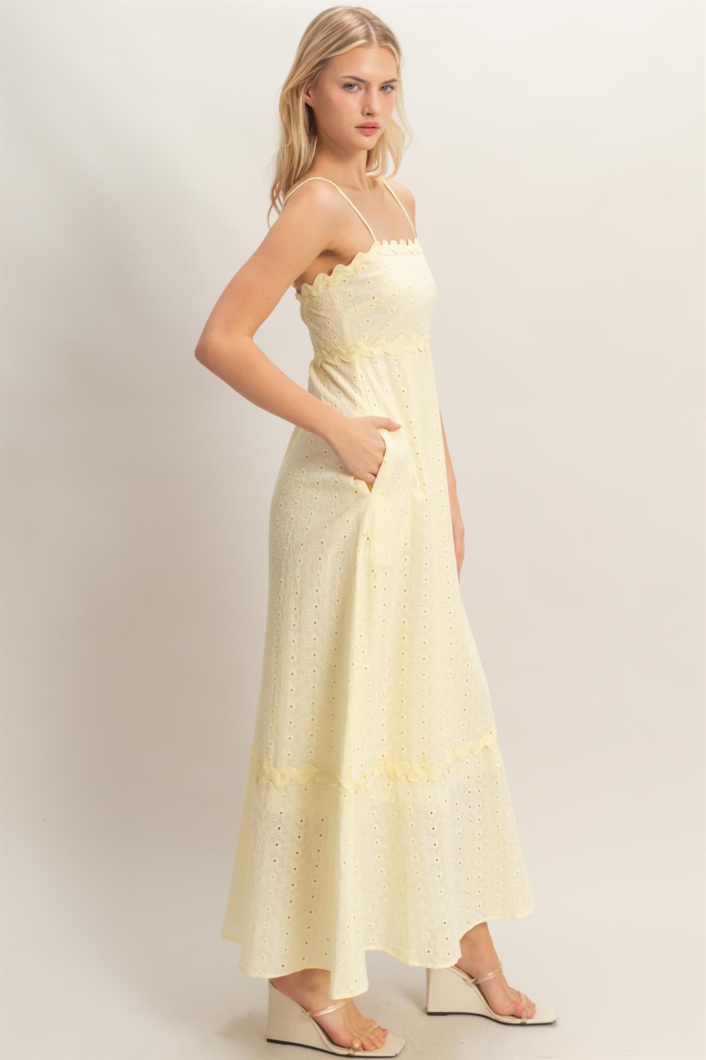 Butter Yellow Scallop Trim Eyelet Midi Dress with thin straps, scalloped edges, pockets; available in sizes XS–XL.