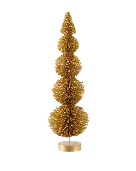 Gold bottle brush topiary tree with a stacked, multi-tiered design on a circular paulownia wood base.