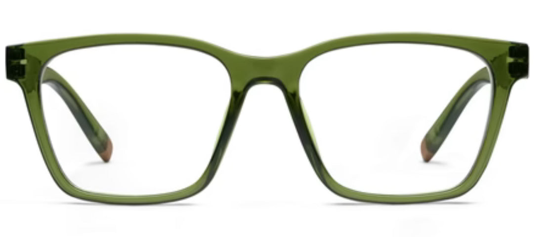 Wilder Green Peepers: Thin frames, clear lenses, slightly curved green temples. Minimalist and modern design. Available in sizes S, M, L.