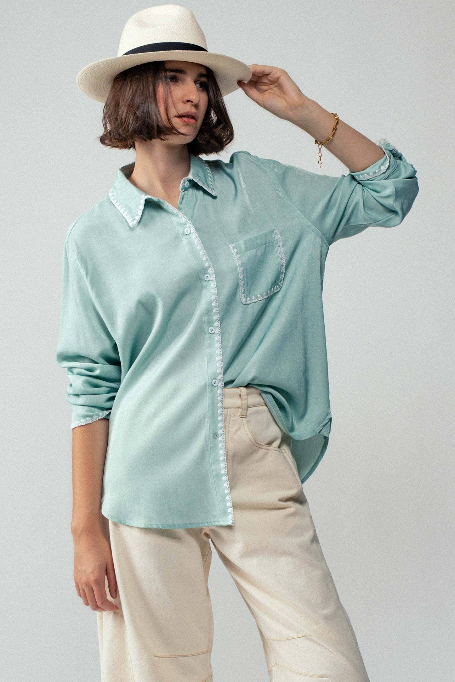 Sage smooth silk long sleeve dress shirt, available in sizes XS-XL.