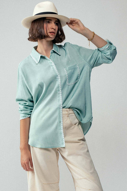Sage smooth silk long sleeve dress shirt, available in sizes XS-XL.