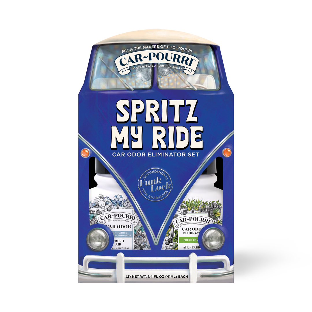 Blue van-shaped package, "Car~Pourri Air + Fabric Spritz My Ride." Includes two 1.4oz air fresheners: Tropical Citrus, Lavender Peppermint.