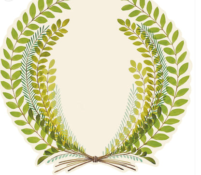 Seedling Wreath Placemats: green leafy semi-circle, brown string, center blank. Available in standard and large sizes.