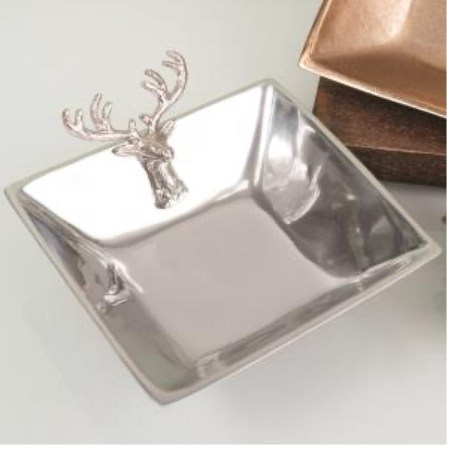 Deer Square Bowl: Polished silver and aluminum serving dish, square shape, adorned with a stylized deer head featuring intricate antlers on one corner. Sizes available: Small, Medium, Large.
