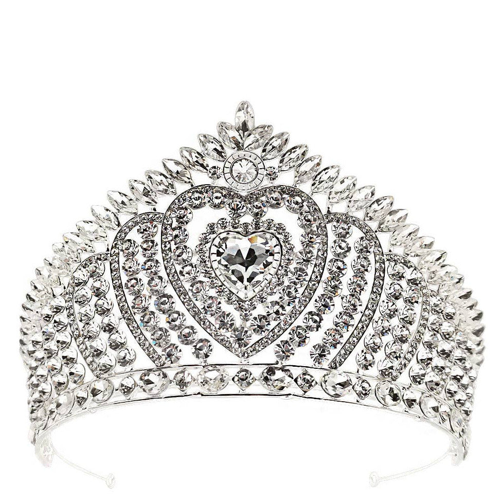 Crystal tiara, silver metal, large with heart details and large heart crystal in middle