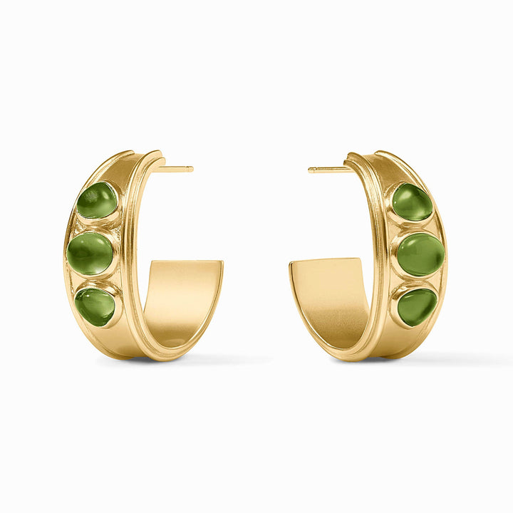 Dolce Stone Hoop Gold Earrings, 24K gold-plated, three iridescent green stones. Sizes available: not specified.