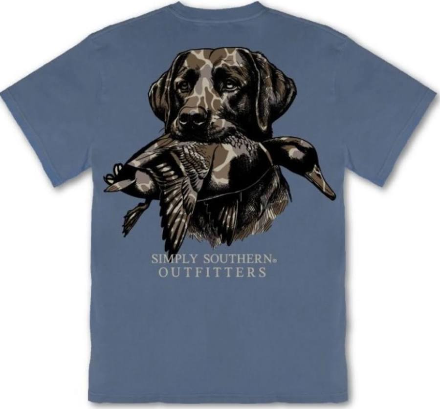 Men’s Blue Camo Dog Shirt with a black labrador retriever holding a duck in its mouth and the text “Simply Southern Outfitters” below. Available in sizes S-XXL.