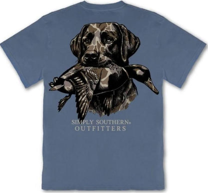 Men’s Blue Camo Dog Shirt with a black labrador retriever holding a duck in its mouth and the text “Simply Southern Outfitters” below. Available in sizes S-XXL.