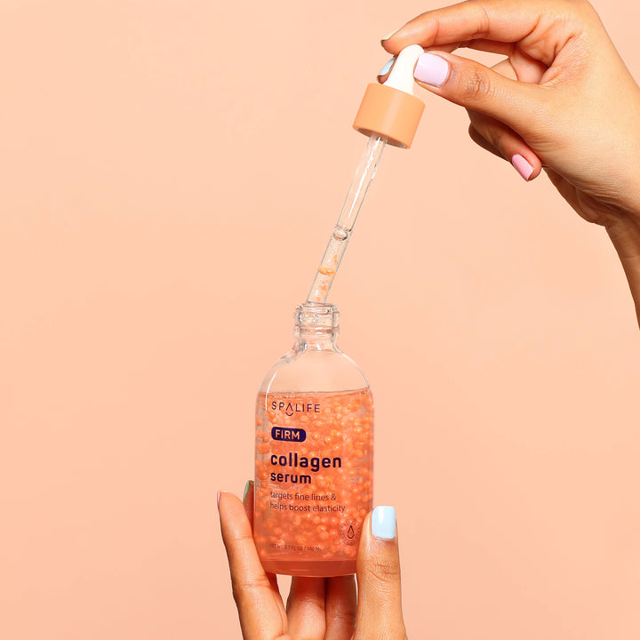 Korean Collagen Firming Face Serum in a clear glass bottle with a dropper; pink serum with visible beads targets fine lines. Sizes available: 30ml, 50ml.