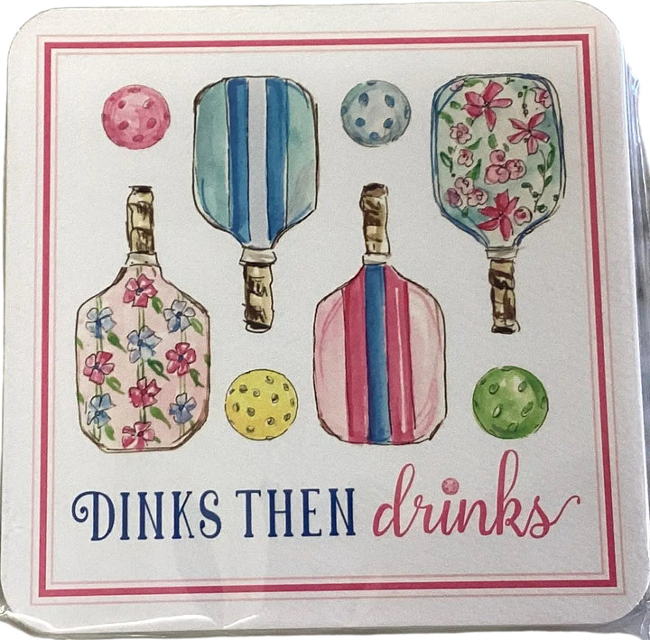Hand-painted square coaster with four pickleball paddles, four balls, and the text “DINKS THEN drinks.”