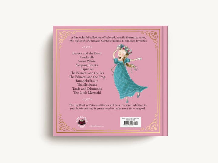 Back cover lists princess tales. Hardcover children’s book, 8x10 inches. For magical bedtime reading.