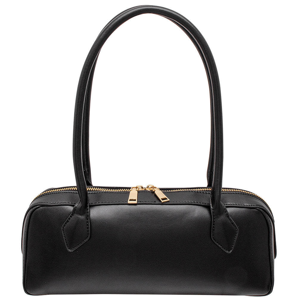 Smooth Chic Zipper Shoulder Bag with black leather, two long handles, gold zippers. Sizes: small, medium, large.