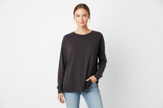 Acid Wash Dark Brown Shirt: long sleeves, chest pocket. Available in sizes S-XL.