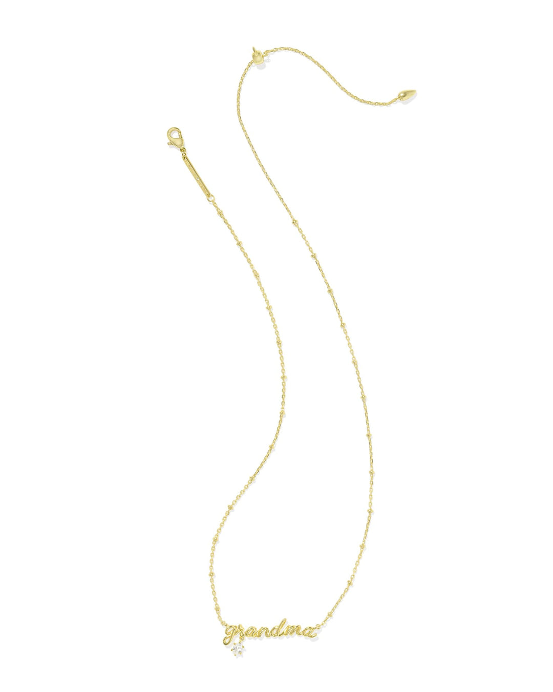 The Grandma Necklace by Kendra Scott: "grandma" in gold cursive with a crystal charm. Available in 16", 18", and 20" lengths.