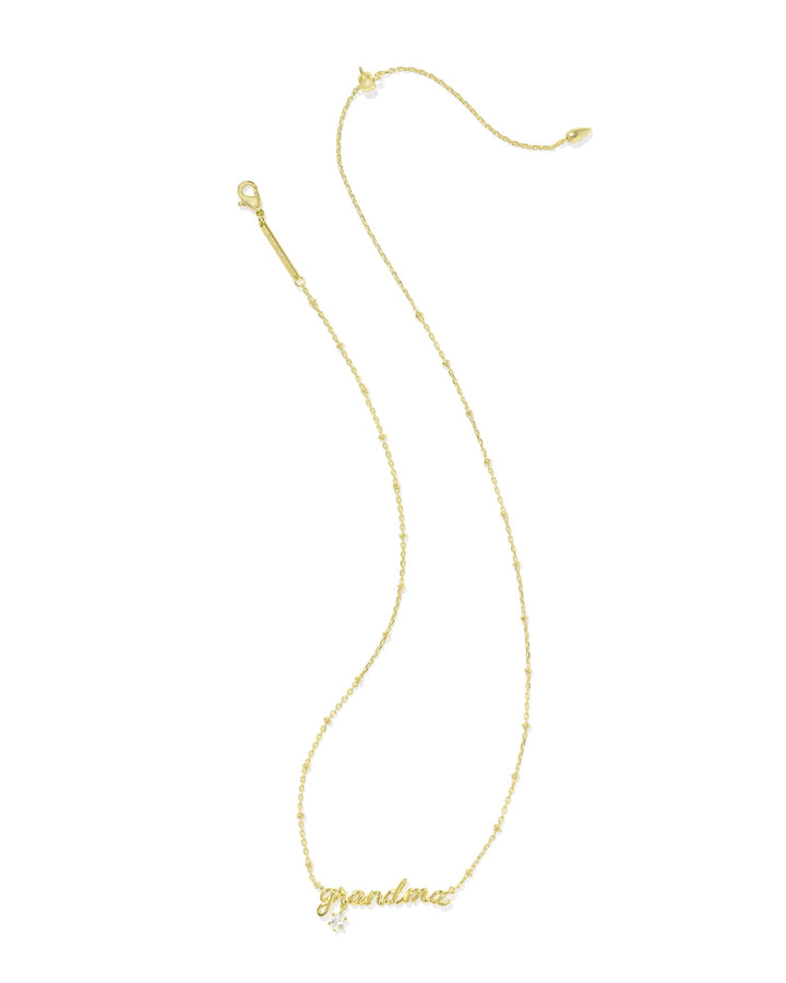 The Grandma Necklace by Kendra Scott: "grandma" in gold cursive with a crystal charm. Available in 16", 18", and 20" lengths.