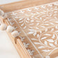 Floral Tray with white floral carvings, rope handle, wooden beads; rustic Boho style. Available in S, M, and L sizes.
