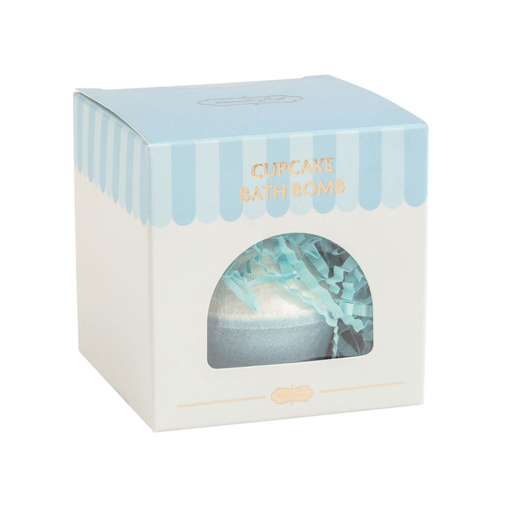 Blue and white striped box for the Café Bath Bomb with a window displaying a pastry-shaped bath bomb.