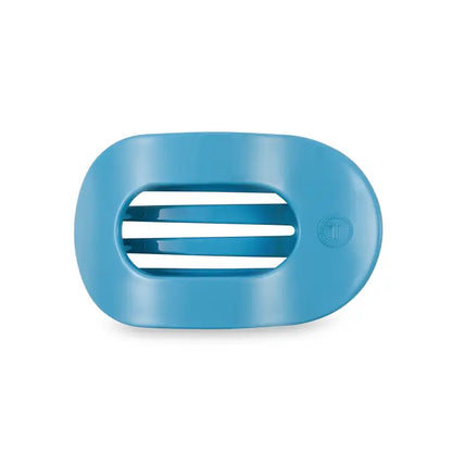 Blue oval plastic soap dish with three horizontal slats for drainage. Available in small, medium, and large sizes.