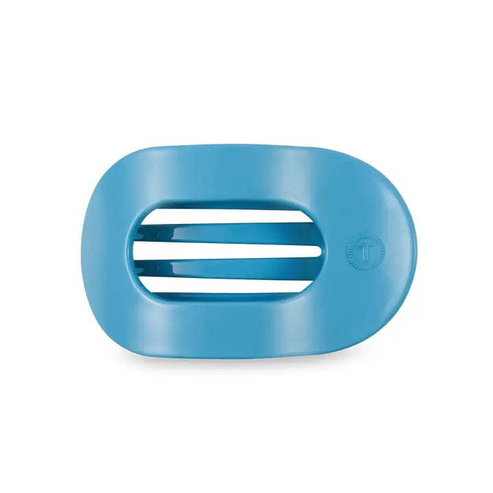 Blue oval plastic soap dish with three horizontal slats for drainage. Available in small, medium, and large sizes.