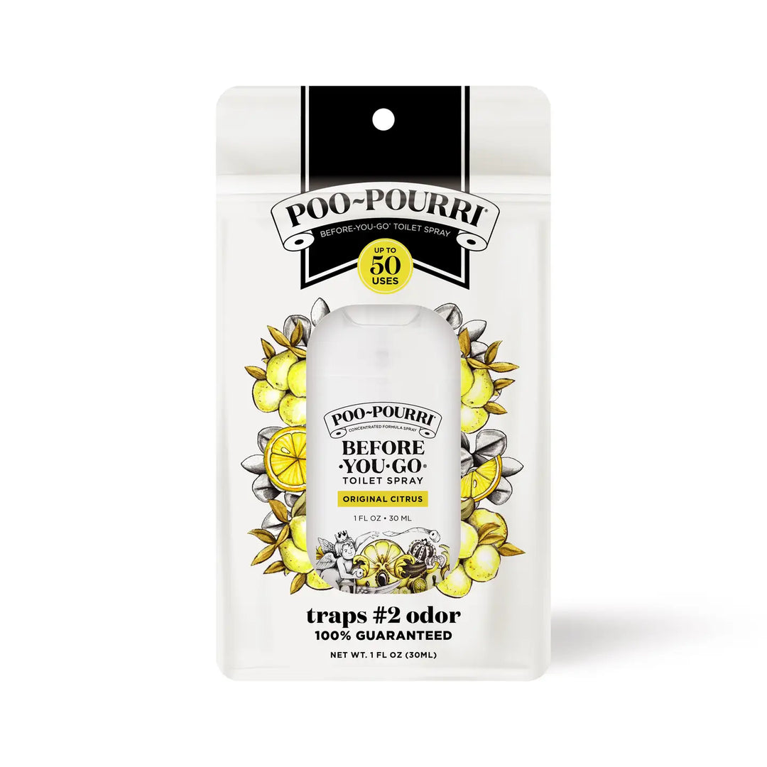 Poo-Pourri Original Citrus Pocket Sprayer, 1 oz, compact white bottle with citrus design, odor control for up to 50 uses.