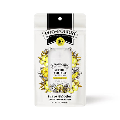 Poo-Pourri Original Citrus Pocket Sprayer, 1 oz, compact white bottle with citrus design, odor control for up to 50 uses.