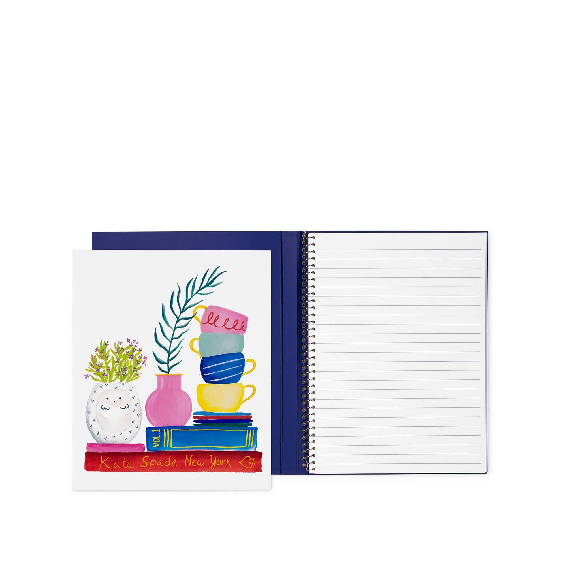 Concealed Spiral Notebook, Charmed Library; lined pages, art cover with teacups, books. Sizes: standard (8.5"x6").