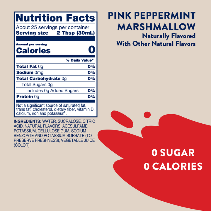 Nutrition label and ingredients list for Sugar Free Pink Peppermint Marshmallow, a zero-calorie, sugar-free syrup.