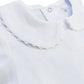 Close-up of a White Collared Baby Bubble Sleeve Onesie with a ricrac bubble and a small button visible near the collar, on a white background.
