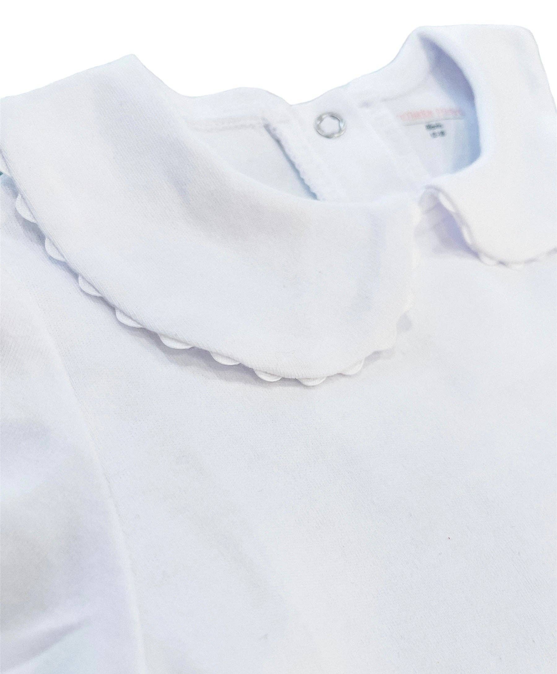 Close-up of a White Collared Baby Bubble Sleeve Onesie with a ricrac bubble and a small button visible near the collar, on a white background.