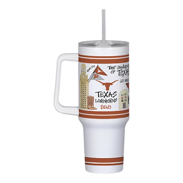 UT 40oz white tumbler with handle, straw, UT branding, Longhorns logo, campus icons, double-wall insulation.