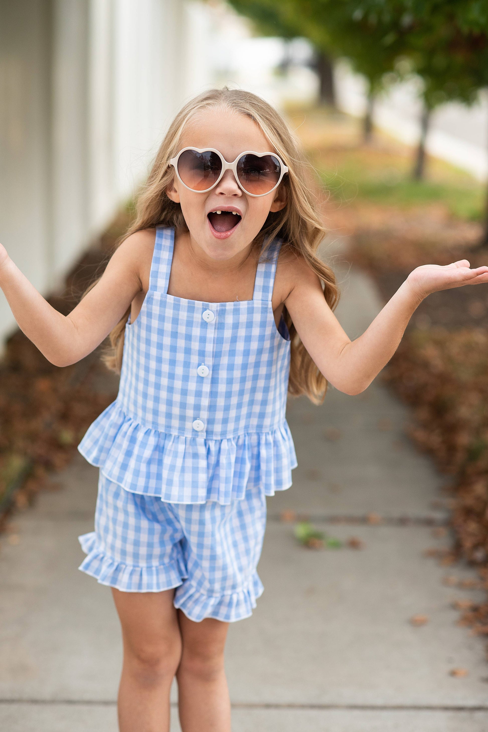 Kids Blue Check Gingham Ruffle Button Short Set; available in sizes 2T-10.