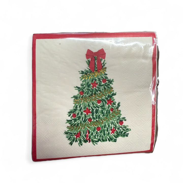 Square Holiday Cocktail Napkins featuring a red border and a painted Christmas tree with red stars, ornaments, and a bow. Available in multiple sizes.