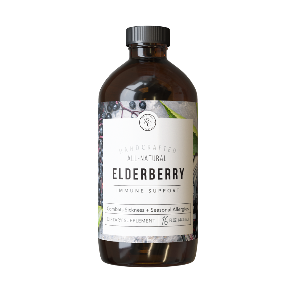 A brown bottle labeled “ELDERBERRY IMMUNE SUPPORT | 16 oz: Regular,” handcrafted all-natural dietary supplement, highlighting immune support for sickness and allergies. Available in 16 oz size.