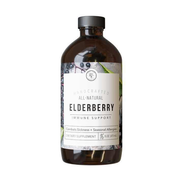 A brown bottle labeled “ELDERBERRY IMMUNE SUPPORT | 16 oz: Regular,” handcrafted all-natural dietary supplement, highlighting immune support for sickness and allergies. Available in 16 oz size.