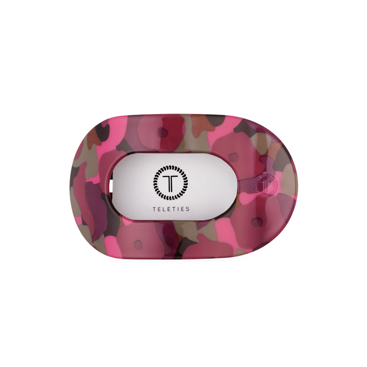 Garden Glam Medium Flat Round Hair Clip with a pink, brown, and purple camouflage pattern in an oval shape, flat back, and TELETIES logo in the center. Available in medium size.