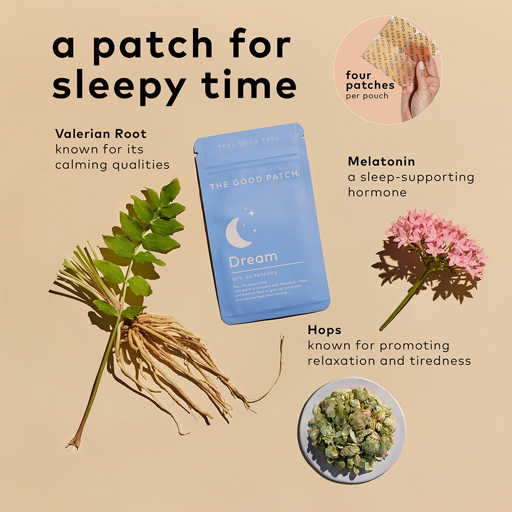 Dream Patch wearable wellness patch in blue packet, contains Valerian Root, Melatonin, Hops. Available in small and large sizes.