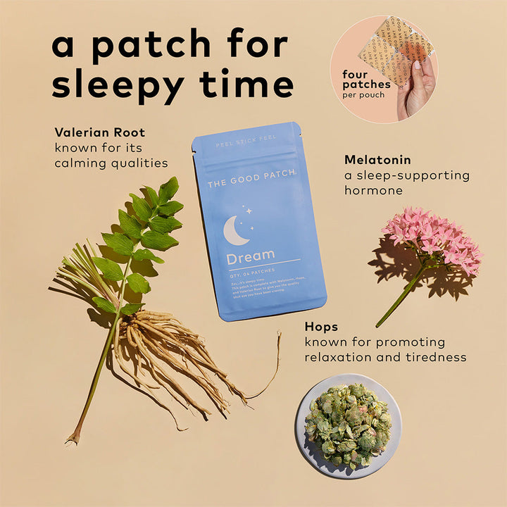 Dream Patch wearable wellness patch in blue packet, contains Valerian Root, Melatonin, Hops. Available in small and large sizes.