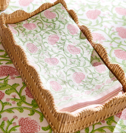 Floral Block Print Paper Napkins, 3-ply, pink and green design. Available sizes: cocktail and dinner.
