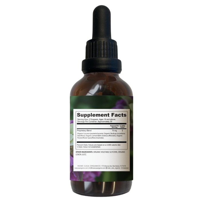 Brown glass dropper bottle labeled “ANXIETY SUPPORT TINCTURE | 2 OZ” with supplement facts and ingredients listed. Available in 2 oz size.