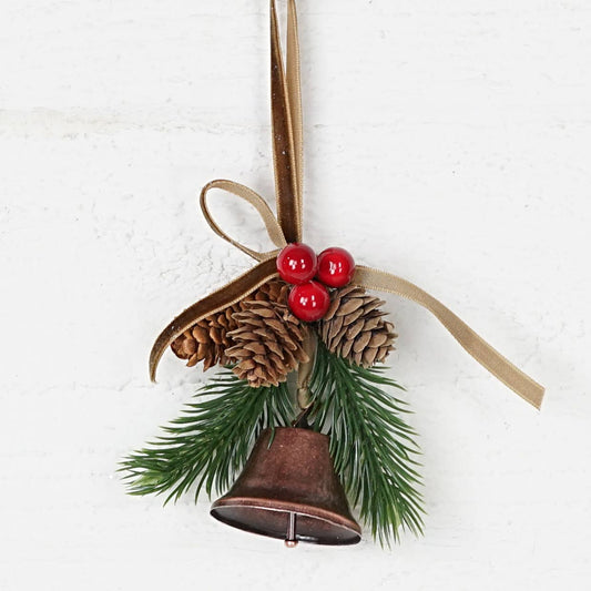 5inL Hanging Decor-Bronze Bell, pinecones, berries