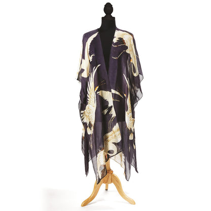 Heron Charcoal Long Kimono: sheer, lightweight, white cranes with yellow accents. Available in S, M, L.