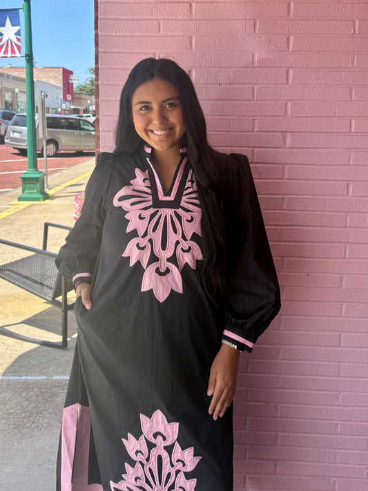 Black Floral Appliqué Midi Dress with puff sleeves and large pink baroque floral appliqué patterns. Available in sizes XS-XL.