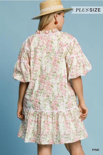 Floral Everlee Dress: mini, pink and green floral, short puff sleeves, tiered hem. Available in sizes XS-XL.