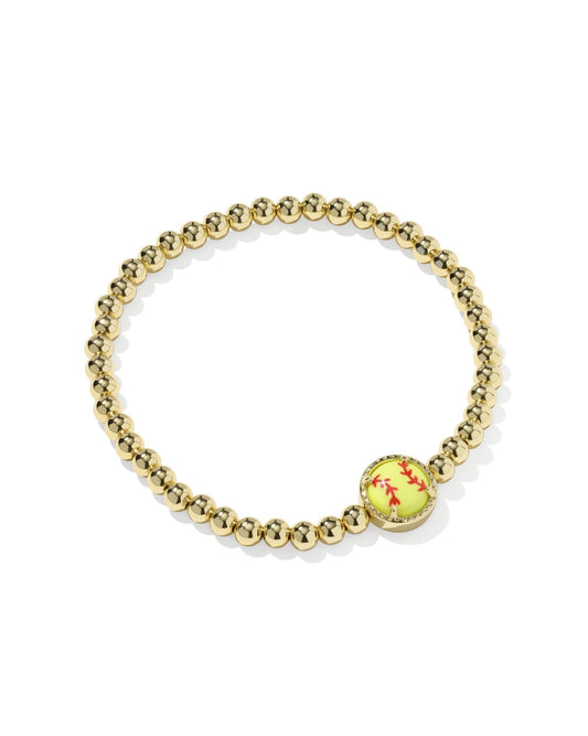 14k yellow gold Softball Stretch Bracelet with round yellow charm, red stitching detail. Available in multiple sizes.
