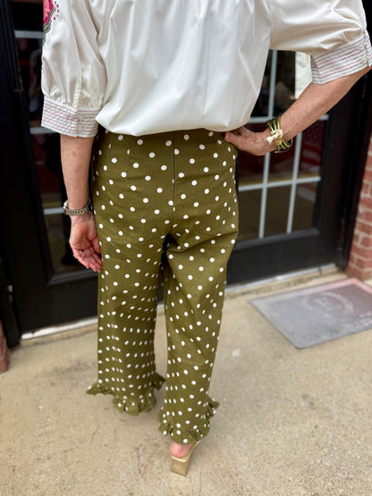 Olive Polka Dot Ruffle Hem Pants, available in sizes XS-XL.