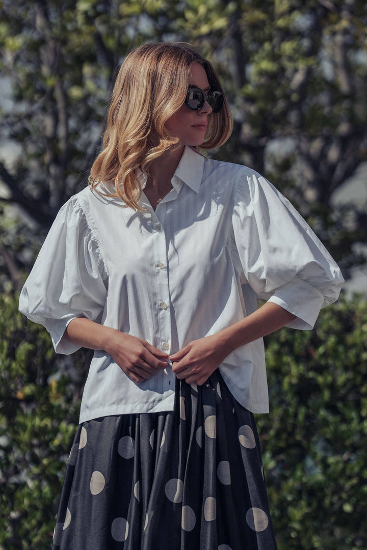Western Boho Drop Waist White Stripe Blouse; available in sizes XS-XL.