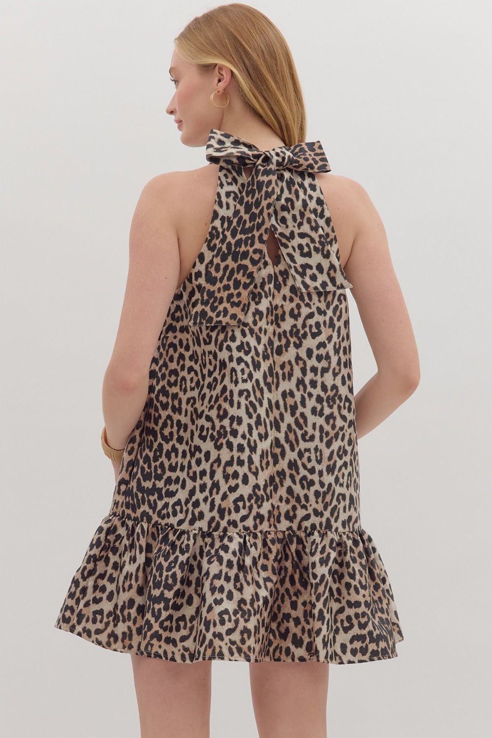 leopard sleeveless short dress High Neck Sleeveless A Line Mini Dress In Brown Leopard Print Woven | EGO US