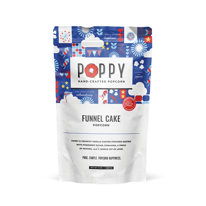 Funnel Cake Popcorn: vanilla-coated, powdered sugar dusted, in a colorful bag. Sizes available: not specified.
