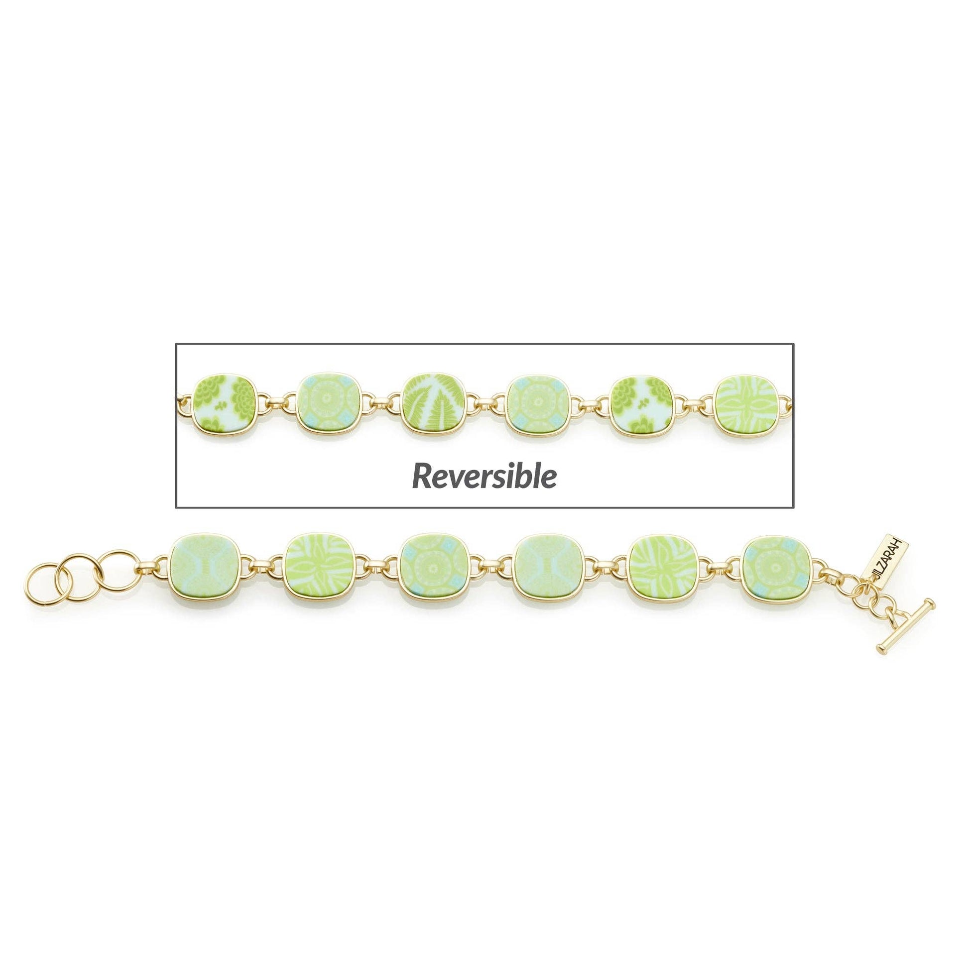 Palm Beach Reversible Coin Bracelet with linked square beads, Matte Gold plating. One side: Seaside Green with various patterns. Other side: Brighter green with floral motifs. T-bar clasp engraved with brand name. Available sizes: Small, Medium, Large.