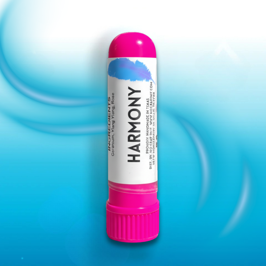 Harmony Inhaler with bright pink cap and base, blue brushstroke above label. Available in regular and mini sizes.